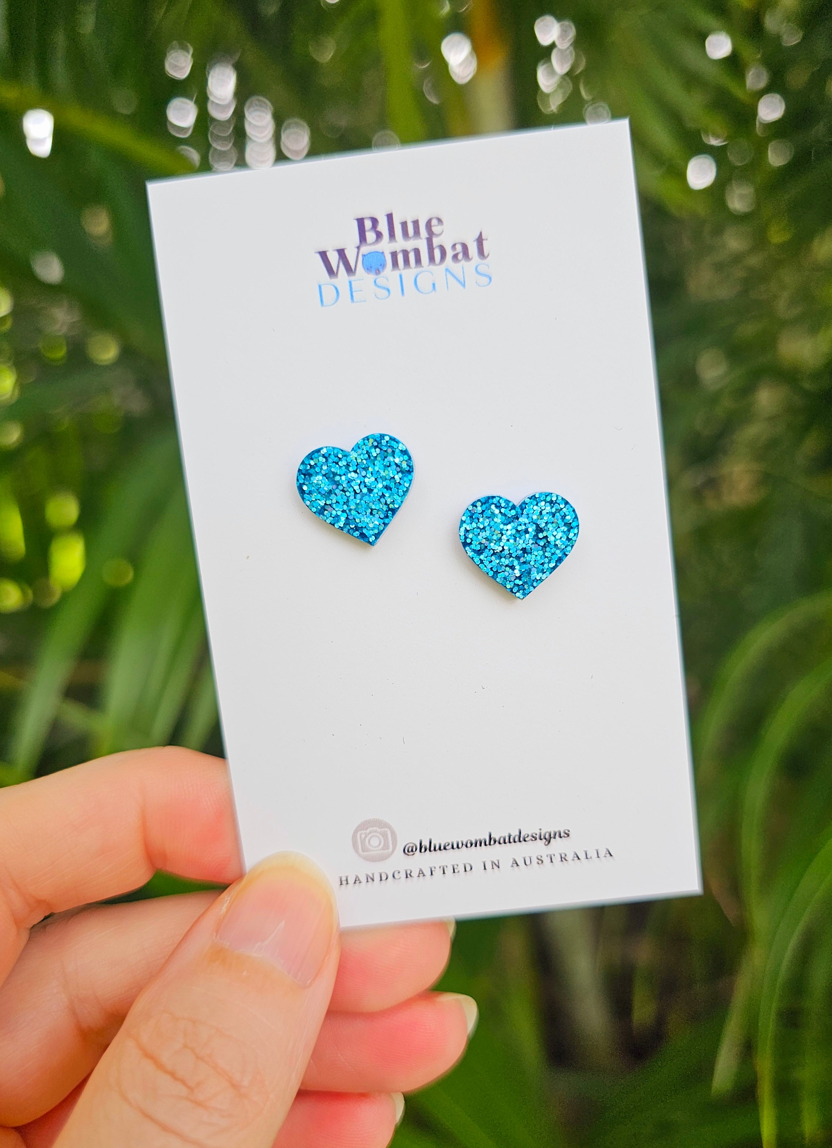 Love Heart Resin Blue Glitter Small Studs