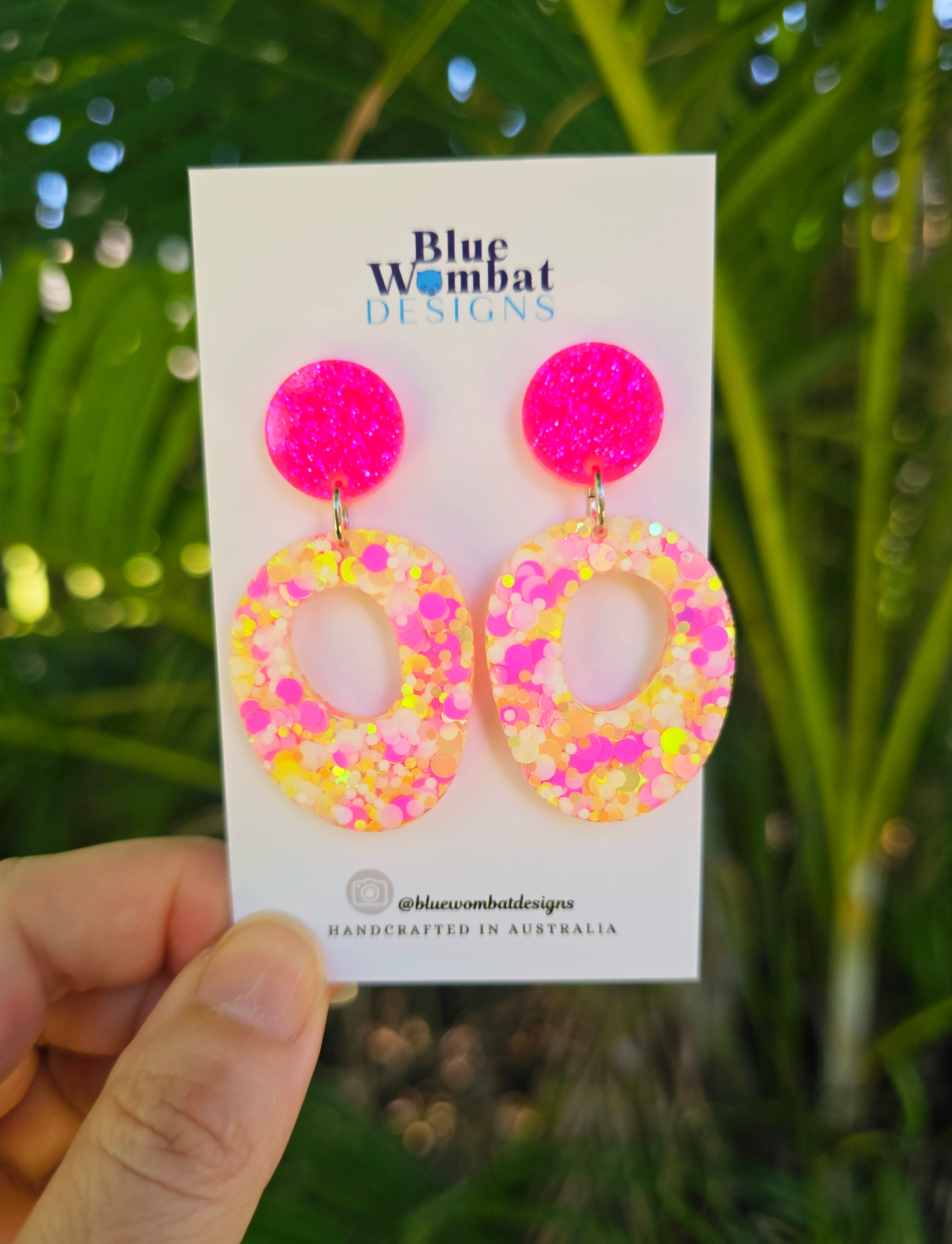 Pink Yellow Glitter Organic Hoop Dangles
