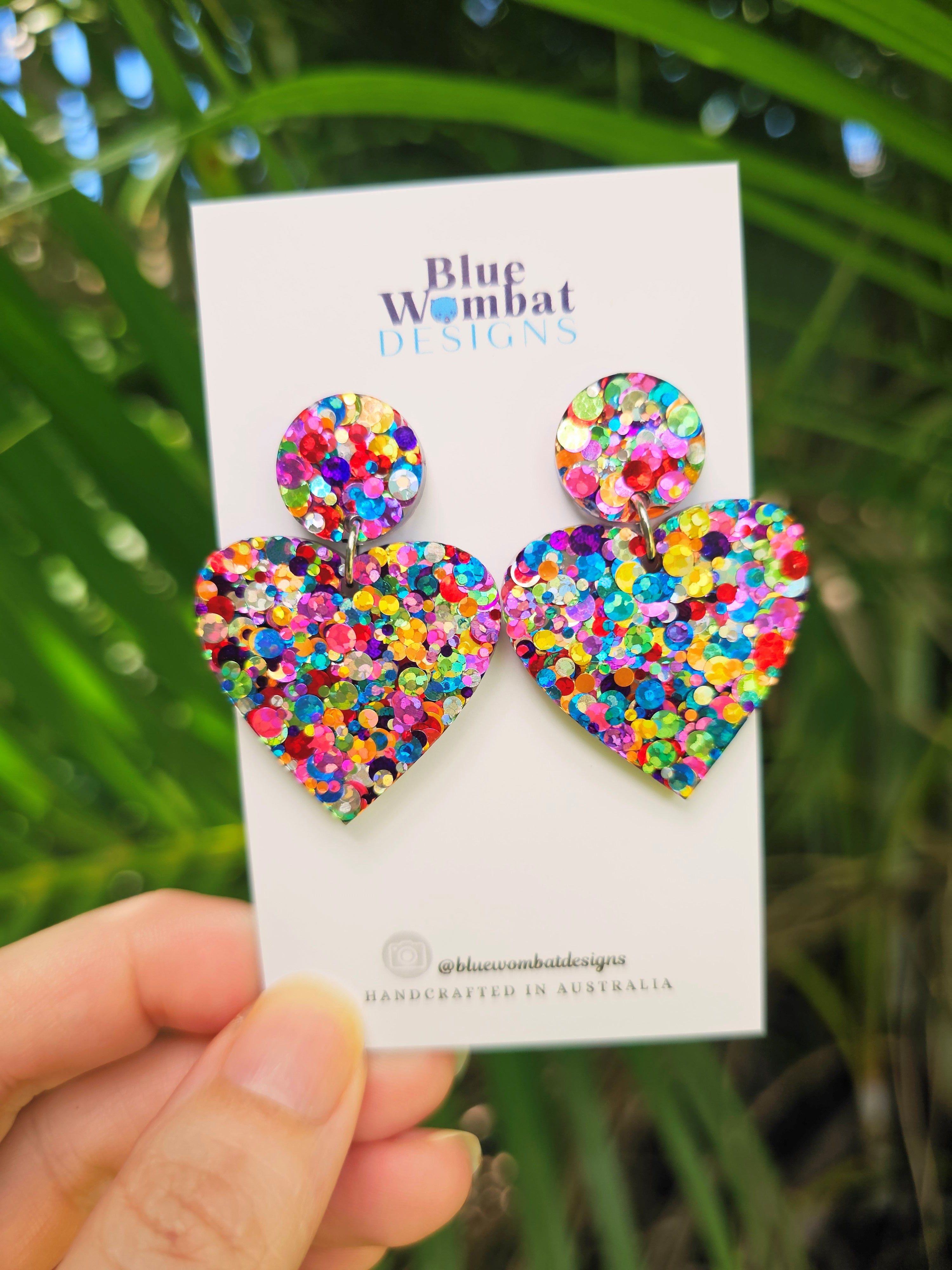 Love Heart Rainbow Glitter Resin Dangles