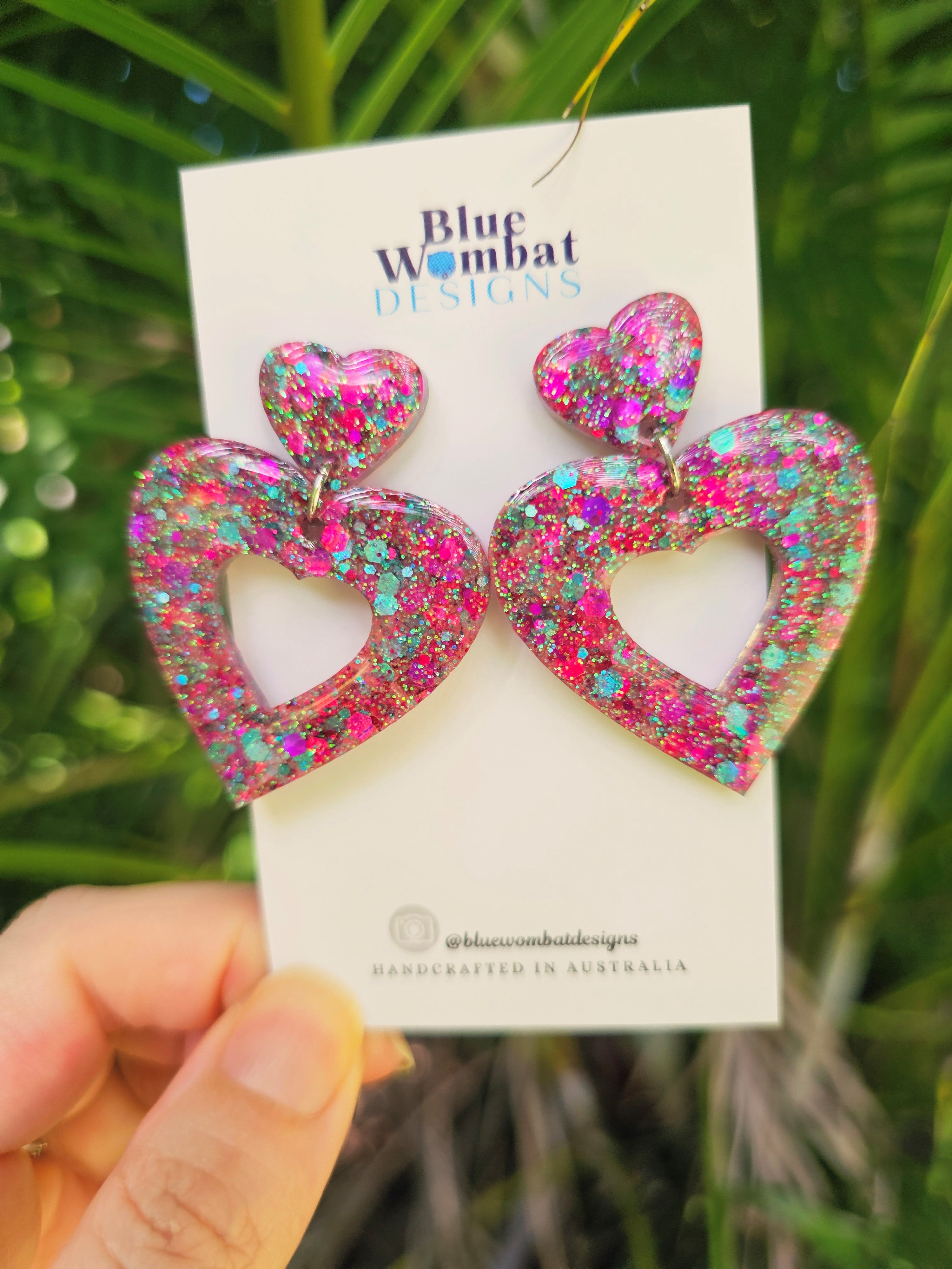 Love Heart Resin Domed Glitter Dangles