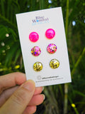 3 Pair Pack Glitter Resin Domed Studs 12mm