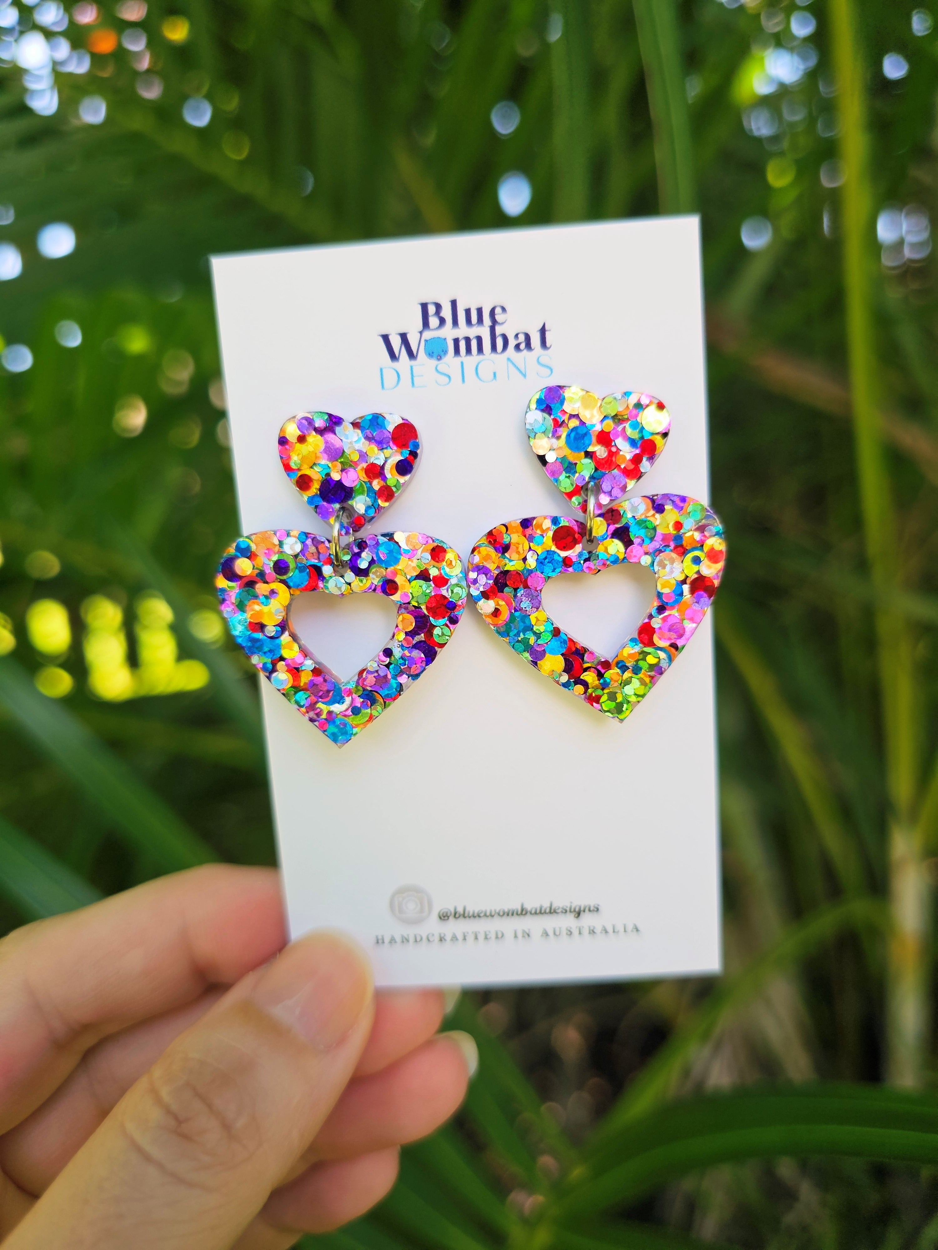 Love Heart Medium Rainbow Glitter Dangles