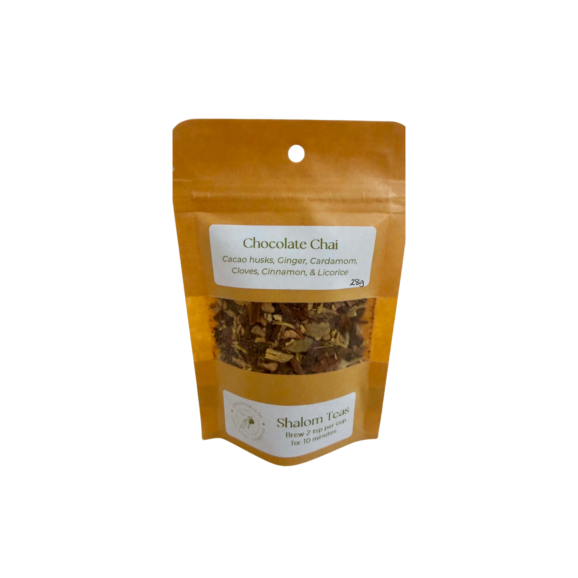 A stand-up resealable pouch of Shalom Trees Chocolate Chai loose leaf tea, featuring a golden-brown design with white labels and a clear window showing the tea inside.