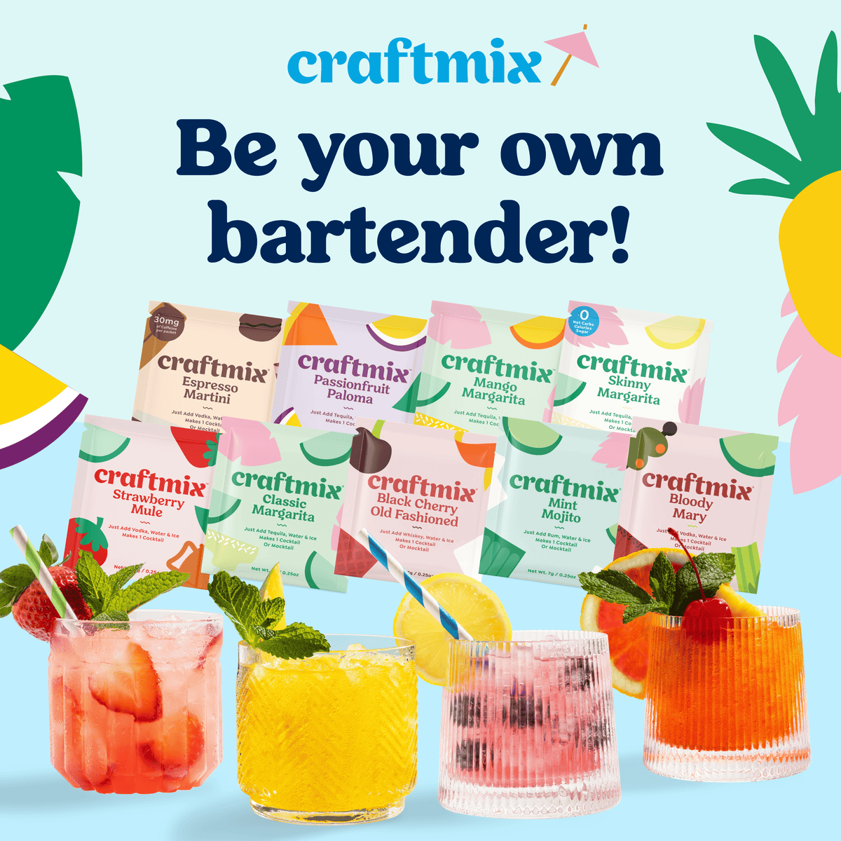 craftmix drink mix packages with colorful cocktails on a blue background