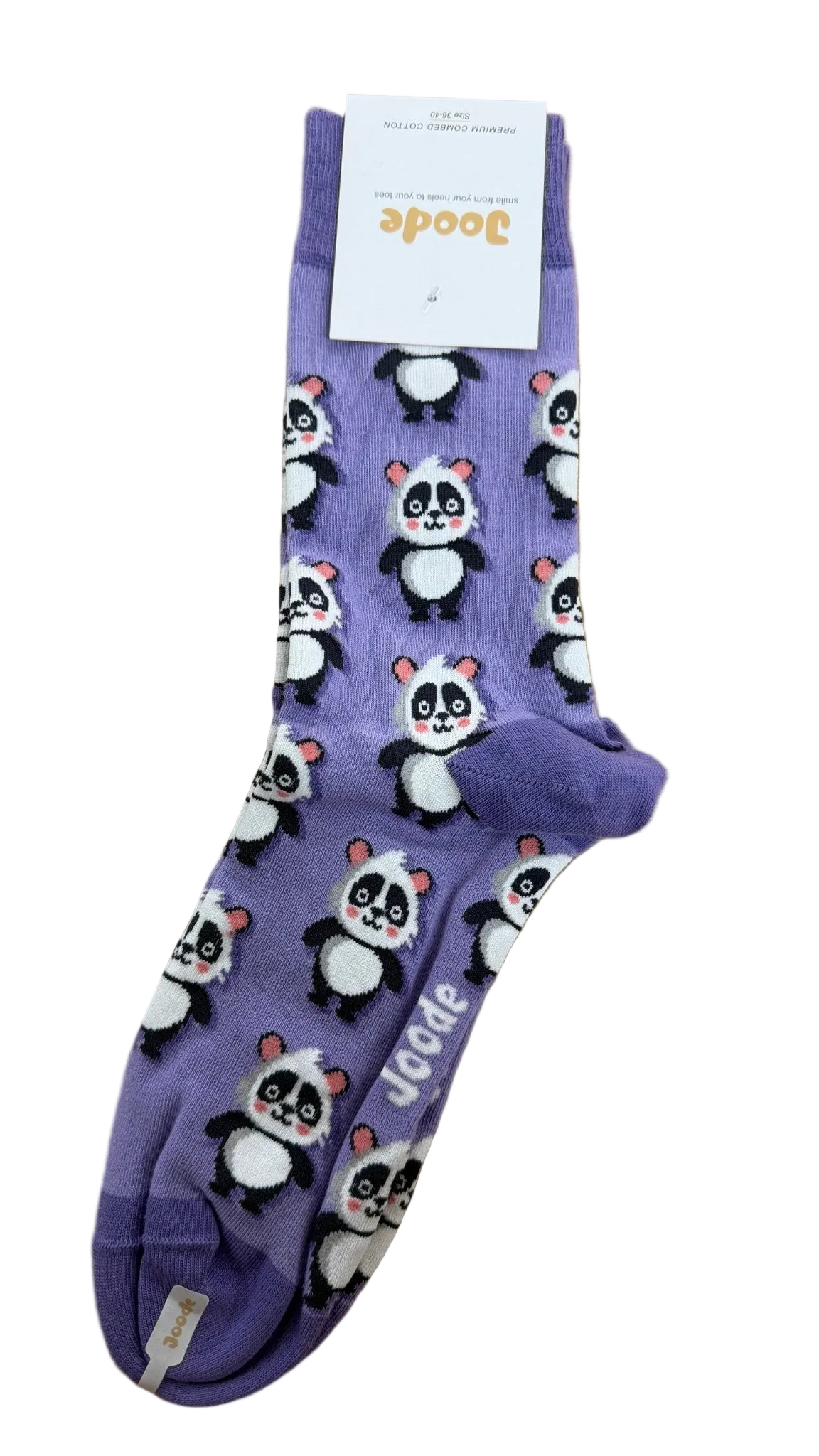 A single purple crew sock with an all-over panda print, laid flat on a light wood surface. The brand name 'Boodee' is visible on the white paper tag at the top of the sock.