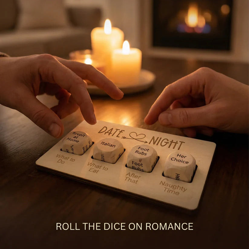 Promotional graphic for a date night dice game. Large cream text at the top reads 'DATE NIGHT DICE GAME LOVE CUSTOM LASER-ENGRAVED MEMORIES.
