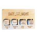 Set of four wooden dice with text on a white background