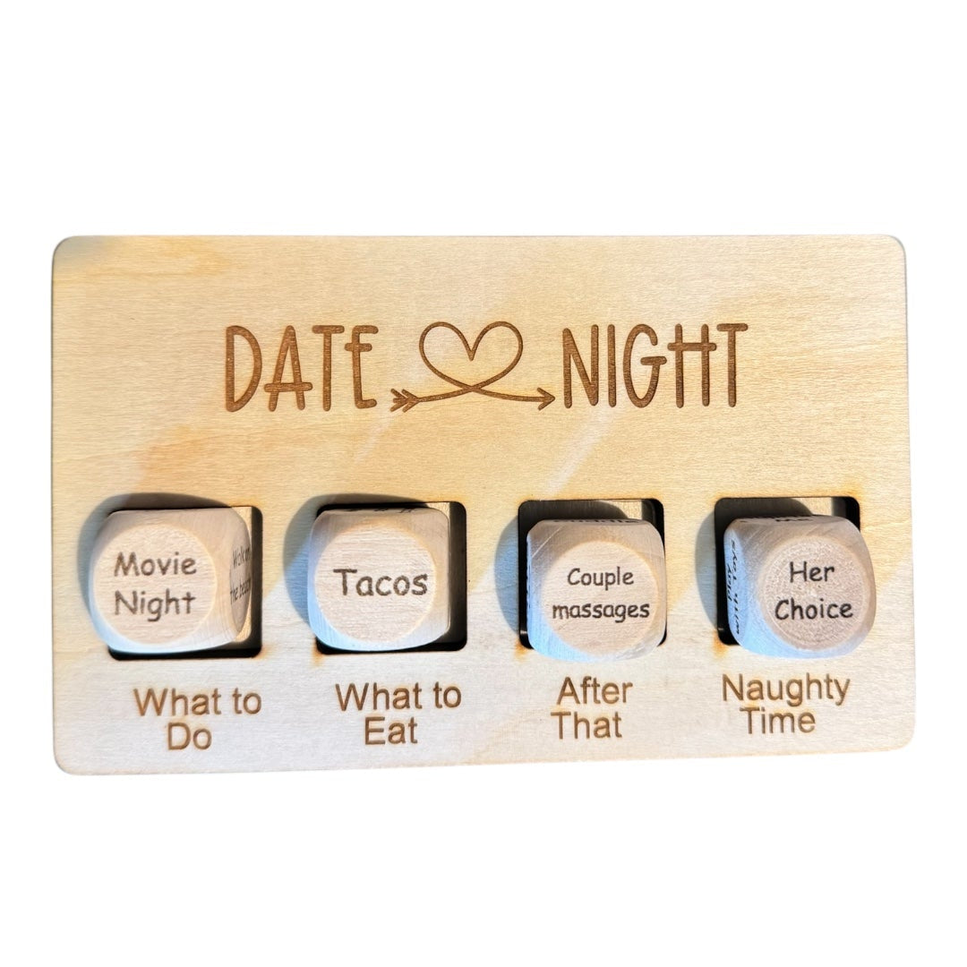 Set of four wooden dice with text on a white background