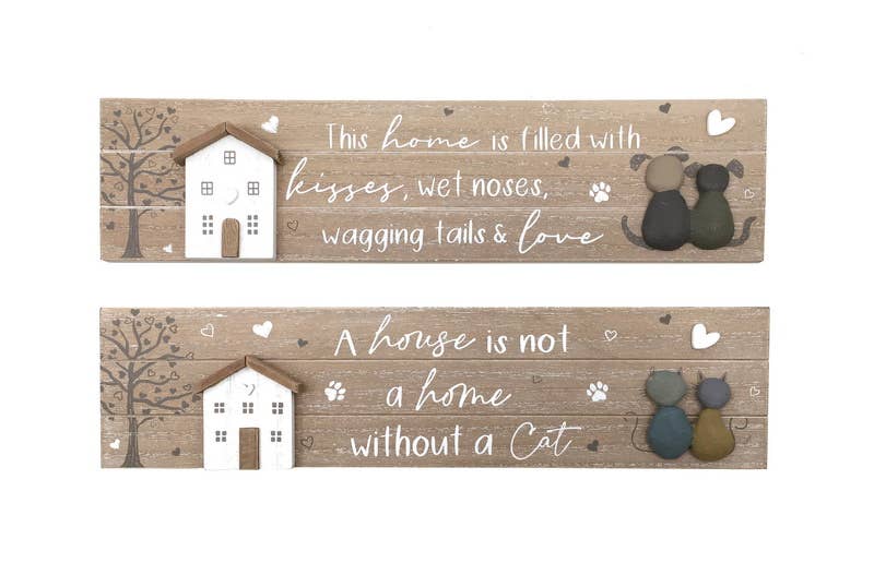 Two wooden signs with cat-themed text and illustrations on a white background