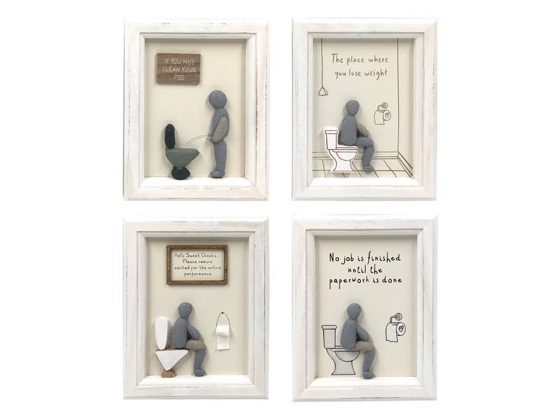 Four framed wall art pieces with humorous bathroom-themed figures and text.