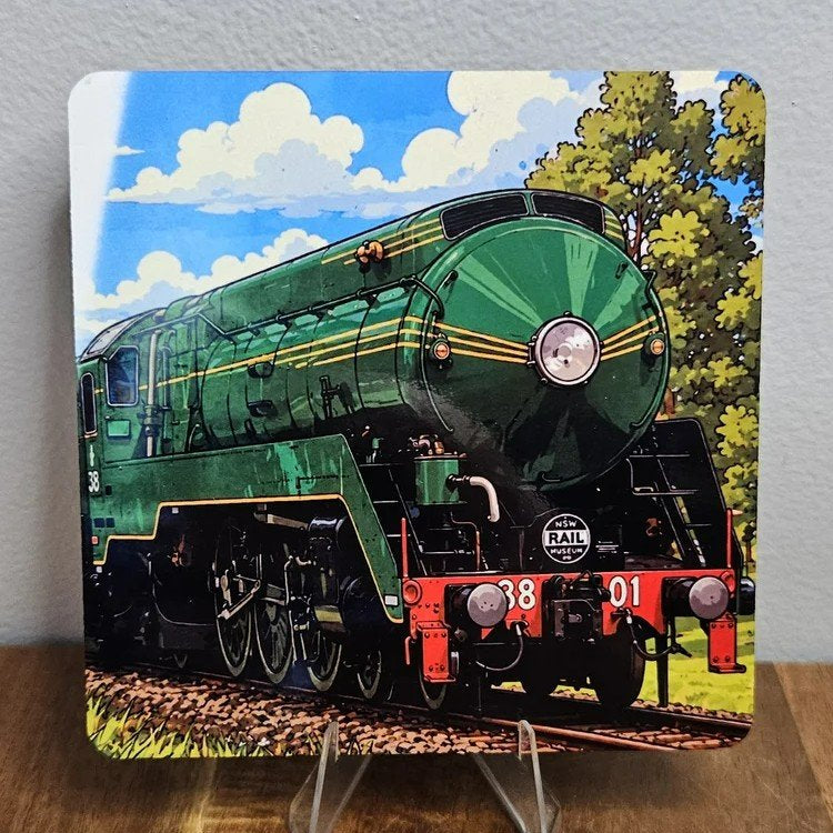 Coaster with a green steam locomotive design on a stand