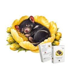Tasmanian devil in a sunflower with product packaging on a white background