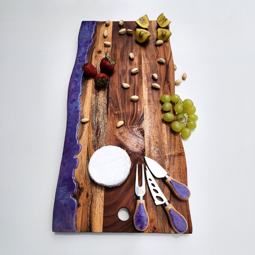 "Wildwood Amethyst" Resin Charcuterie Board with matching cheese knives