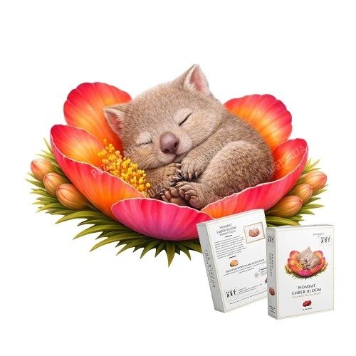 A sleeping brown kitten curled up inside a large pink and orange flower with green leaves, with two small product boxes placed in front on a plain white background.